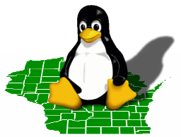 Tux penguin sitting on a Wisconsin map